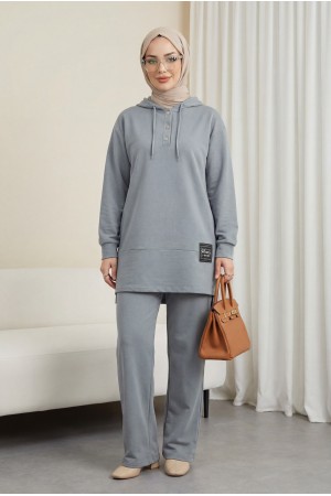 Çıtçıtlı  Arma Detaylı İkili Penye Takım   -Gümüş