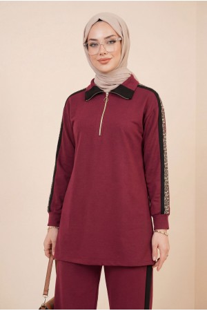 Collared, Half-Zip Jersey Set with Patterned Sides -Maroon