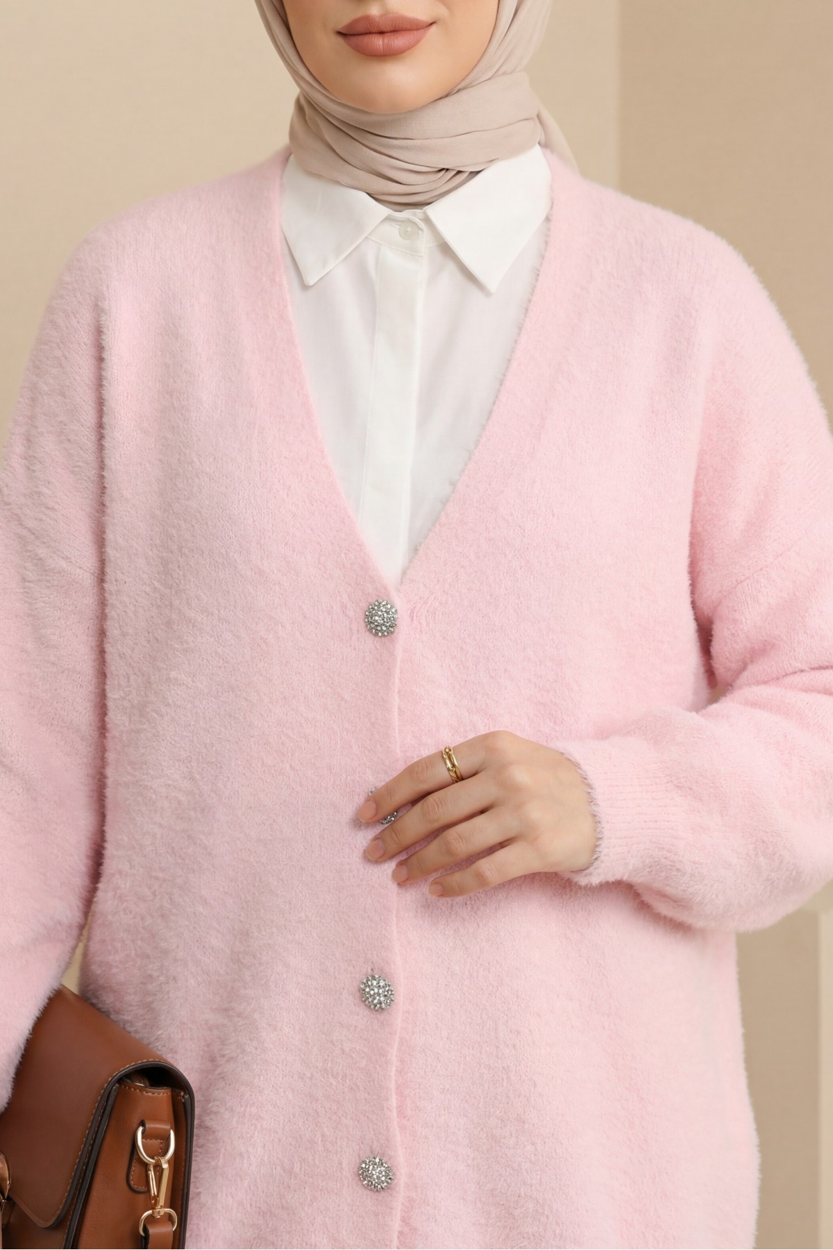 Buttoned Front Bearded Casual Knit Cardigan    -Powder