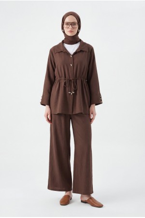 Tünel Bağcıklı Beli Lastikli Pantolonlu Pamuklu Krinkıl Takım -Kahve