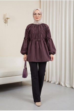 Kolları Lastikli Papatya Detaylı Poplin Tunik -Mürdüm