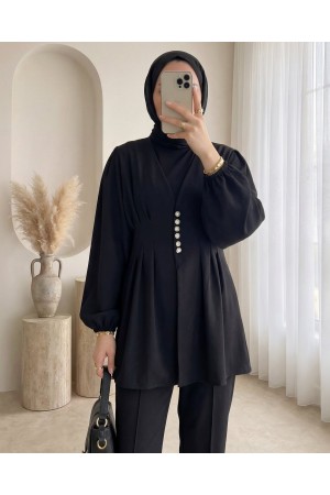 Taşlı Düğmeli Kolu Lastikli Double Pantolonlu Takım  -Siyah