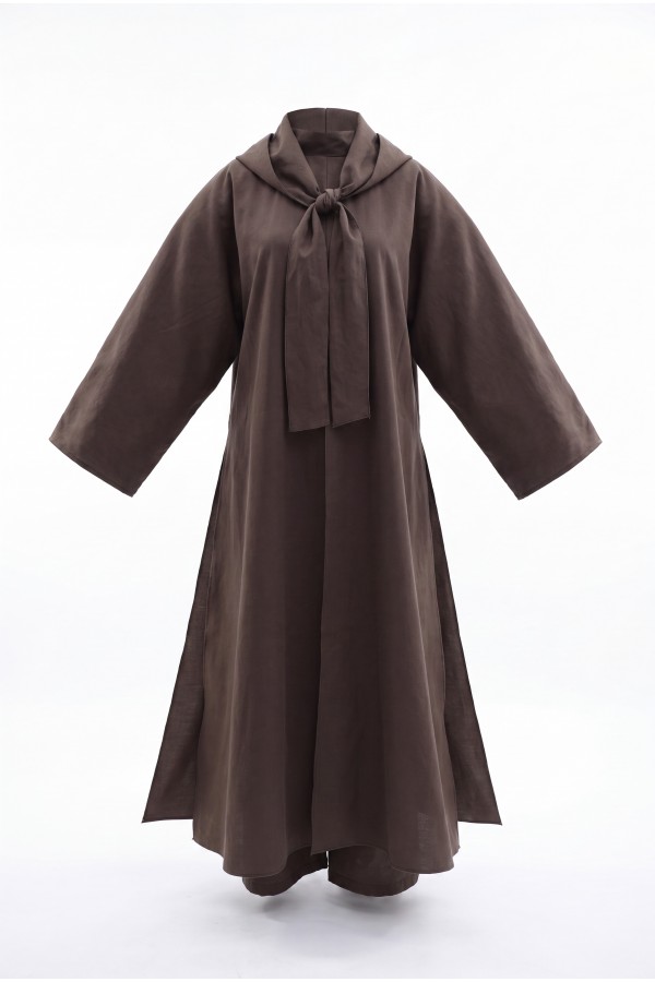 Modal Suit with Scarf Detail and Deep Slit Pants, with Pockets -Brown