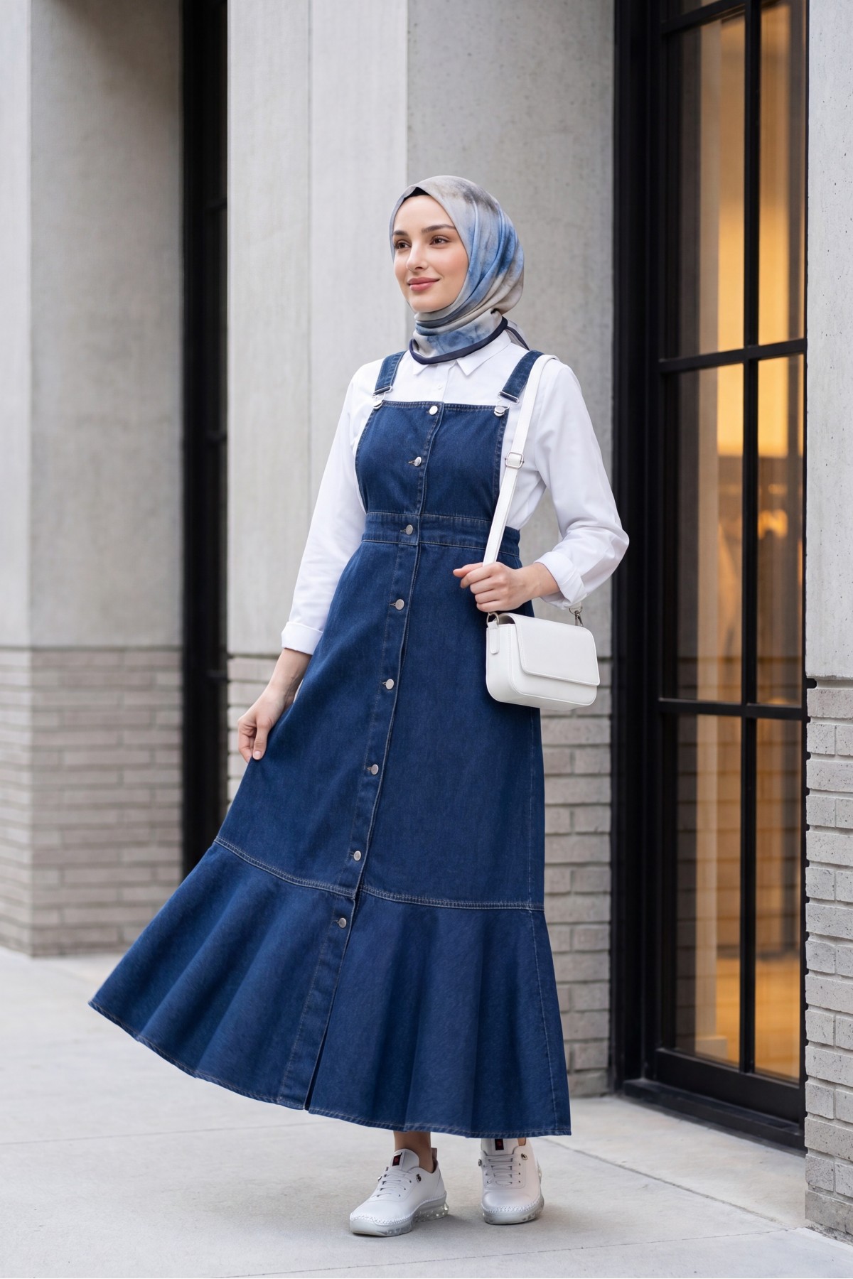 جيليه من الدنيم بأزرار في الأمام وجيوب جانبية وتنورة مكشكشة  -كحلي