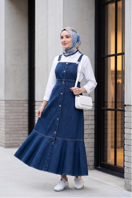 Önden Düğmeli Yan Cepli Eteği Fırfırlı Kot Jile  -Lacivert