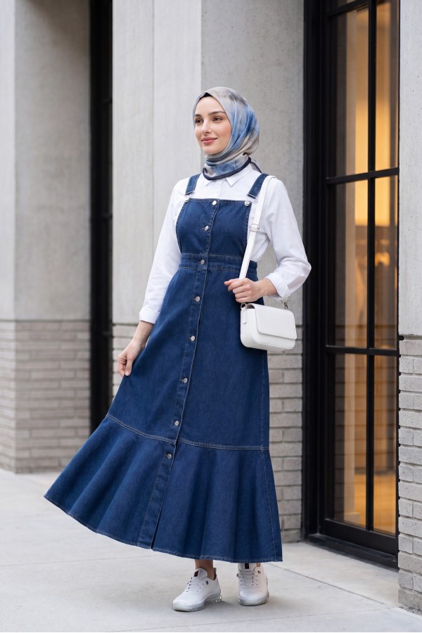 Front Buttoned Side Pocket Ruffle Skirt Denim Vest  -Navy blue