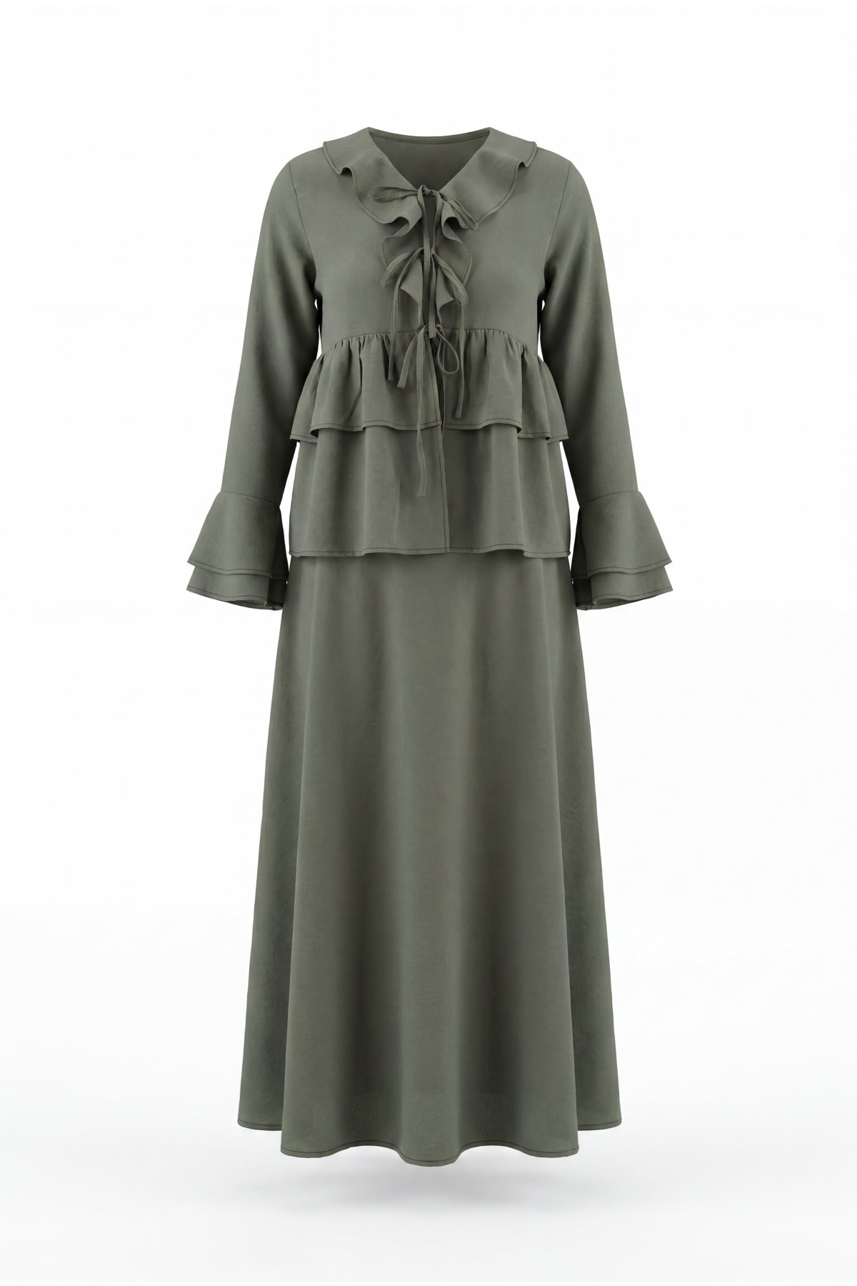 Cupra Kimono Set with Front Tie, Ruffles, Spanish Sleeves and Skirt -Khaki