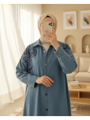 Önü Düğmeli Pul Payet Detaylı Kot Gömlek -Açık Mavi