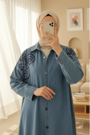 Önü Düğmeli Pul Payet Detaylı Kot Gömlek -Açık Mavi