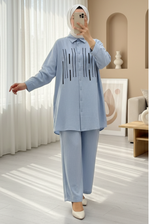 Önü Düğmeli Pul Payetli Pantolonlu Sofya Keten Takım  -Bebe Mavi
