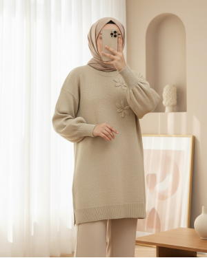 Flower Patterned Stoned Soft Knit Sweater -Light Mink