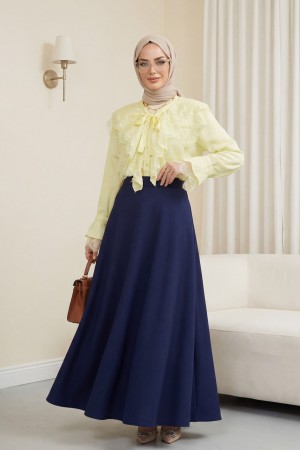 Long Back Cupra Shirt with Lace Detail and Lace Neckline -Light yellow
