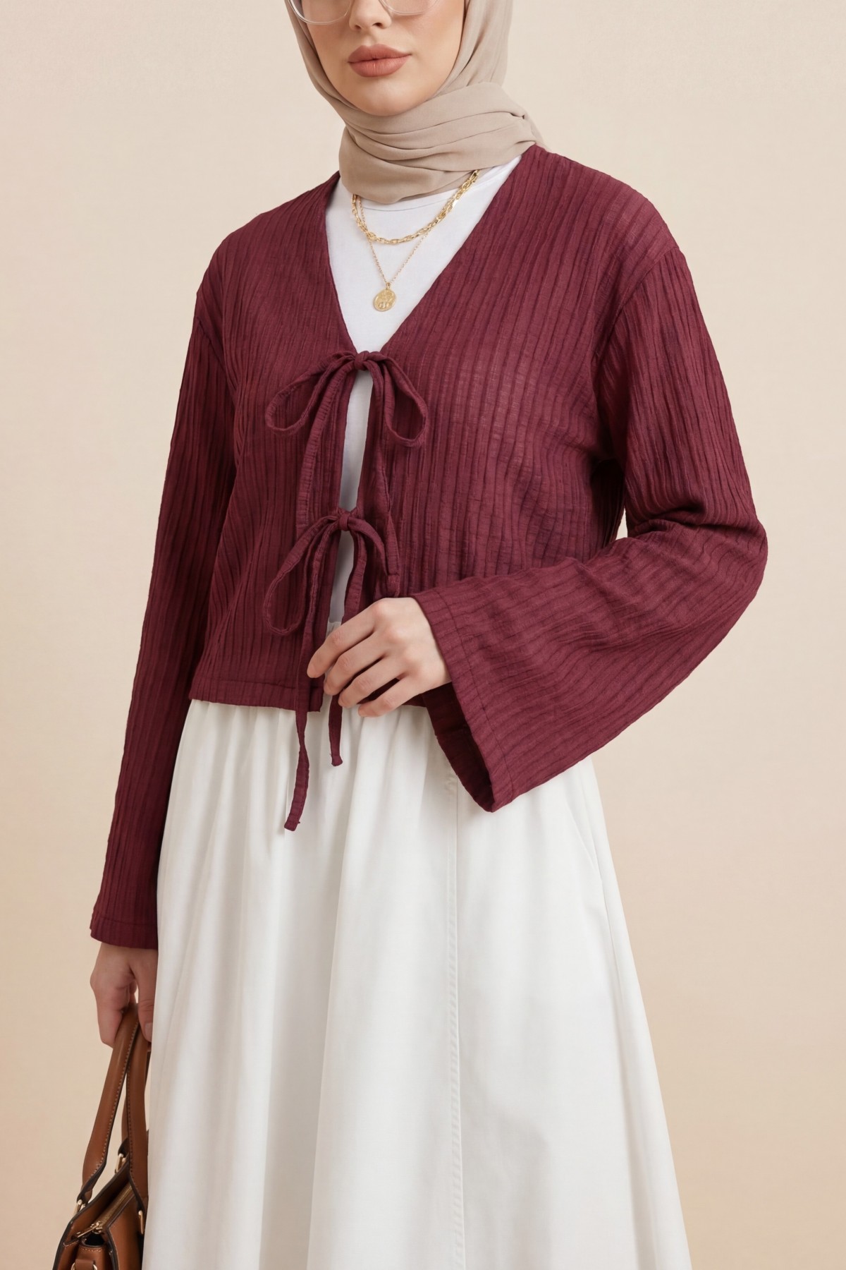 Front Lace-Up Semi-Transparent Ruffled Sleeve Blouse -Damson