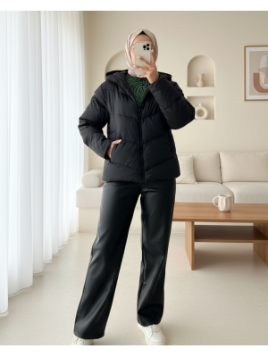 Sabit Kapşonlu Fermuarlı Kışlık Mont -Siyah