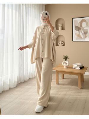 Çift Cepli Yarım Yarasa Kol Salaş Gömlek Takım -Bej