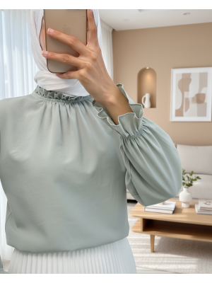 Yakası Büzgülü Bluz    -Su Yeşili