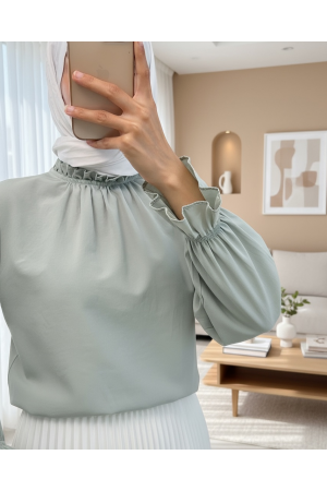 Pleated Collar Blouse    -Sea green