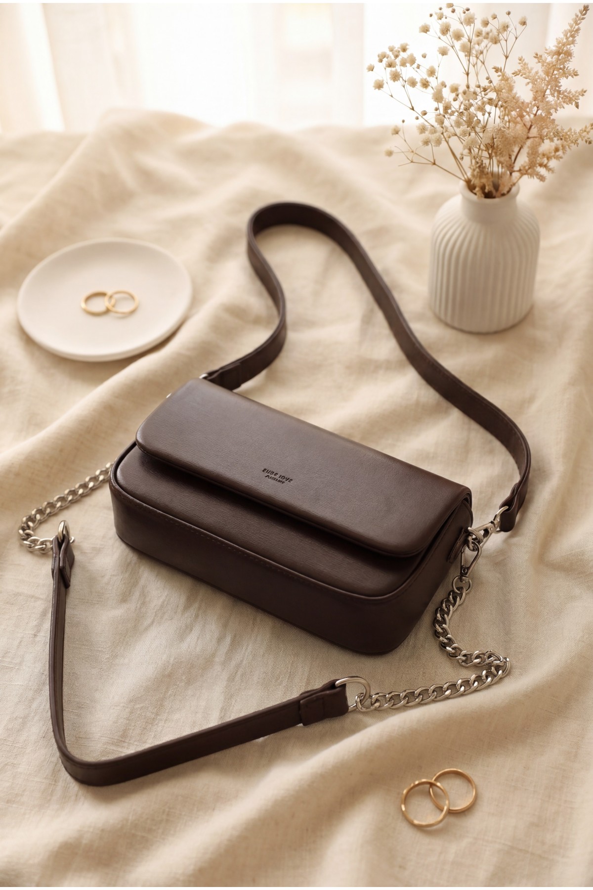 Box Bag with Removable Double Straps and Magnetic Closure -Dark Coffee