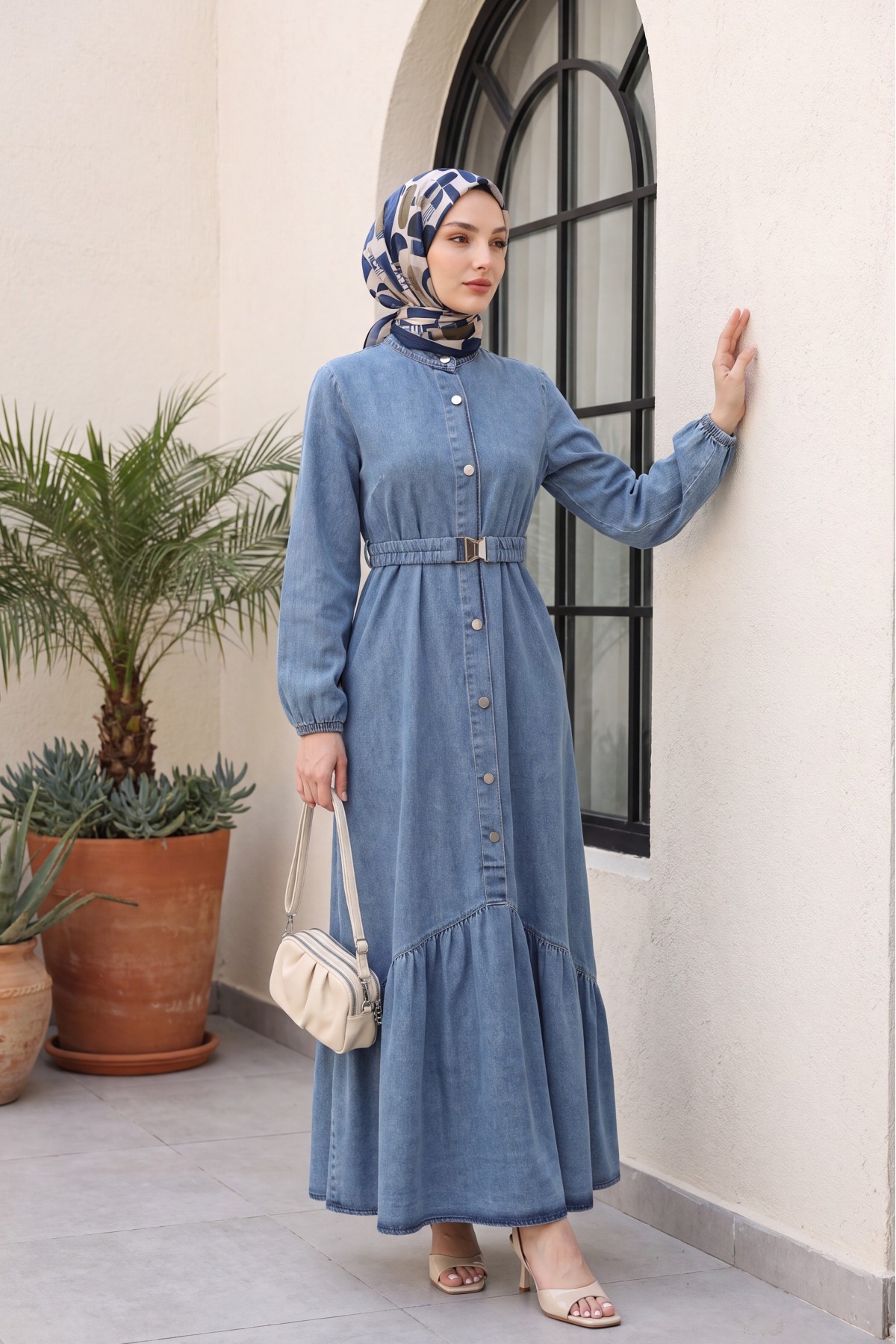 Long Denim Dress with Elastic Waistband and Button Closure -Ice Blue