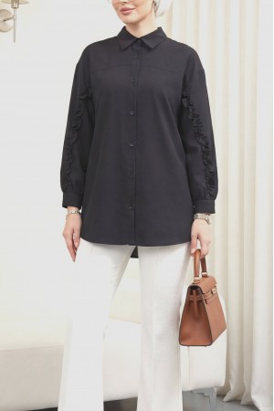 Buttoned Poplin Shirt with Ruffled Sleeves -Black