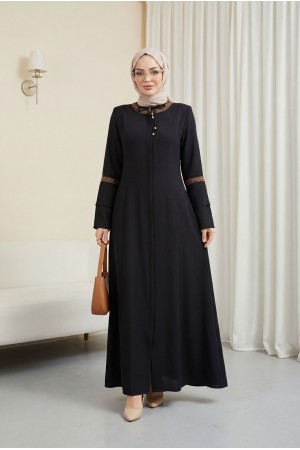 Büyük Beden Nakış İşleme Detaylı Siyah Ferace