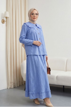 Bebe Yaka Bağcıklı Düğmeli Etekli Astarlı Keten Takım  -Mavi