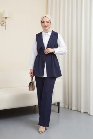 Kruvaze Yaka Beli Lastikli Yelek Pantolon Modal Takım  -Laci