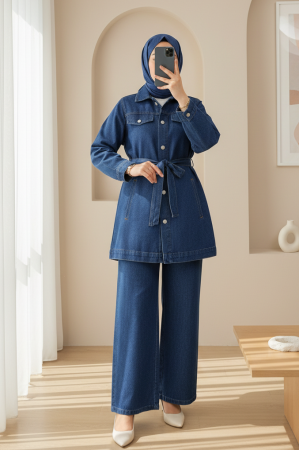 Düğmeli Beli Kemerli Cepli Kot İkili Takım -İndigo