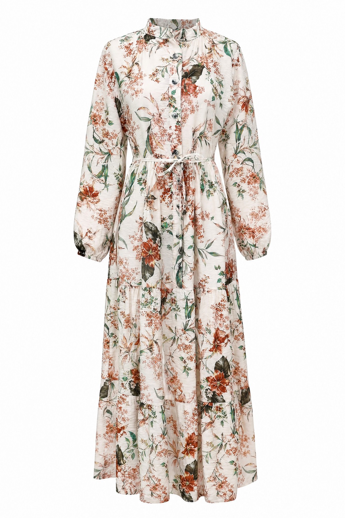 Mandarin Collar Half-Button Mixed Patterned Polycotton Dress with Elasticated Sleeves -Cream color