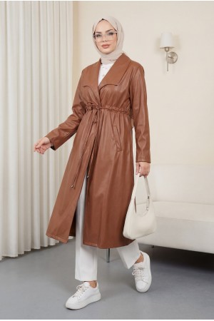 Tünel Bağcıklı Çift Cepli Deri Kap  -Taba