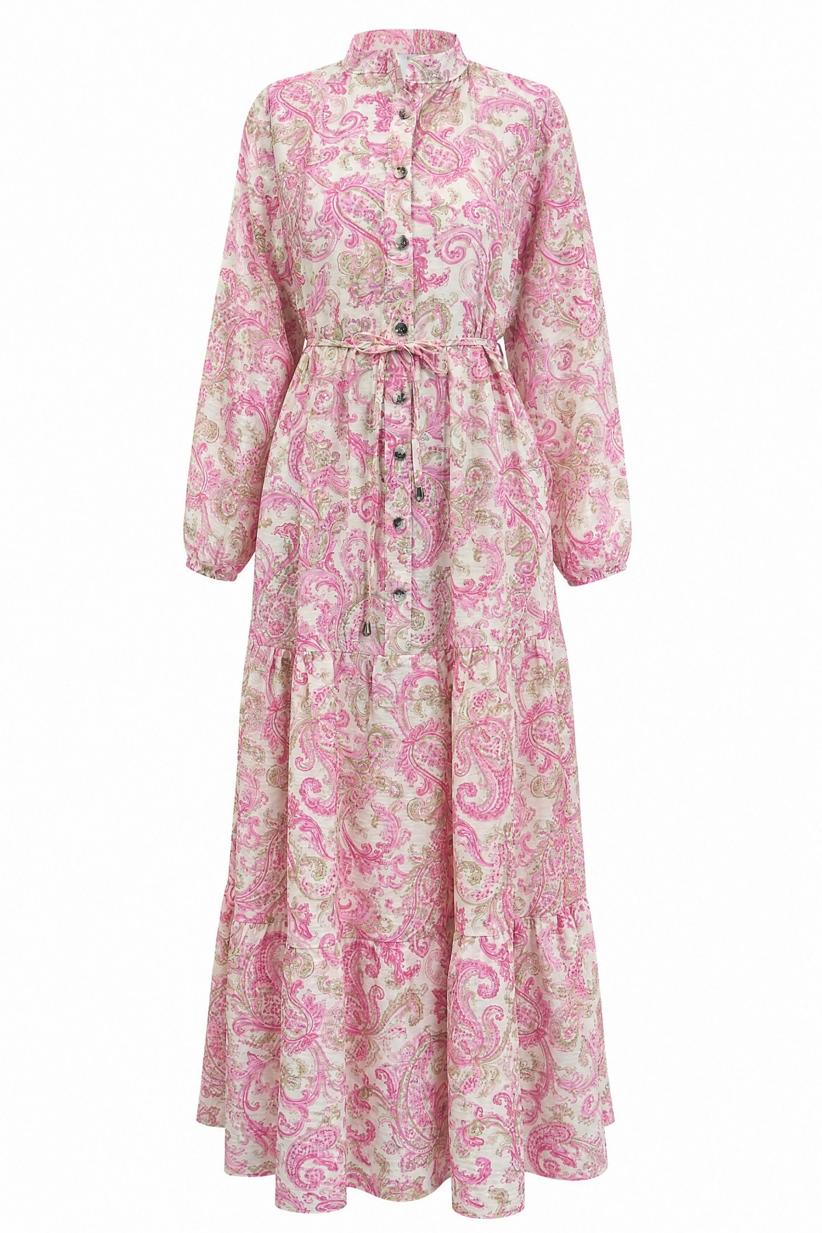 Mandarin Collar Half-Button Mixed Patterned Polycotton Dress with Elasticated Sleeves -Pink