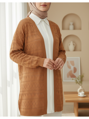 Karışık Desenli Ajurlu Triko Hırka  -Tarçın