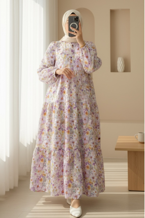 Half-Buttoned Floral Patterned Dress with Elastic Sleeves -Lilac