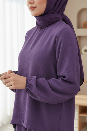 Önden Büzmeli Şalvar Pantolon Ayrobin Salaş Takım   -Lila