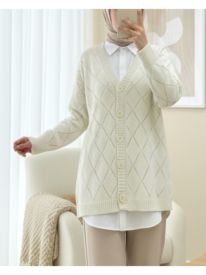 Ajurlu Baklava Desenli Triko Hırka -Krem