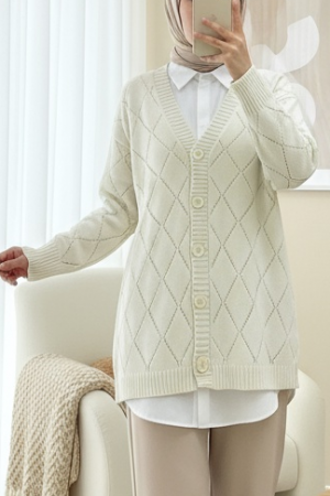 Ajurlu Baklava Desenli Triko Hırka -Krem