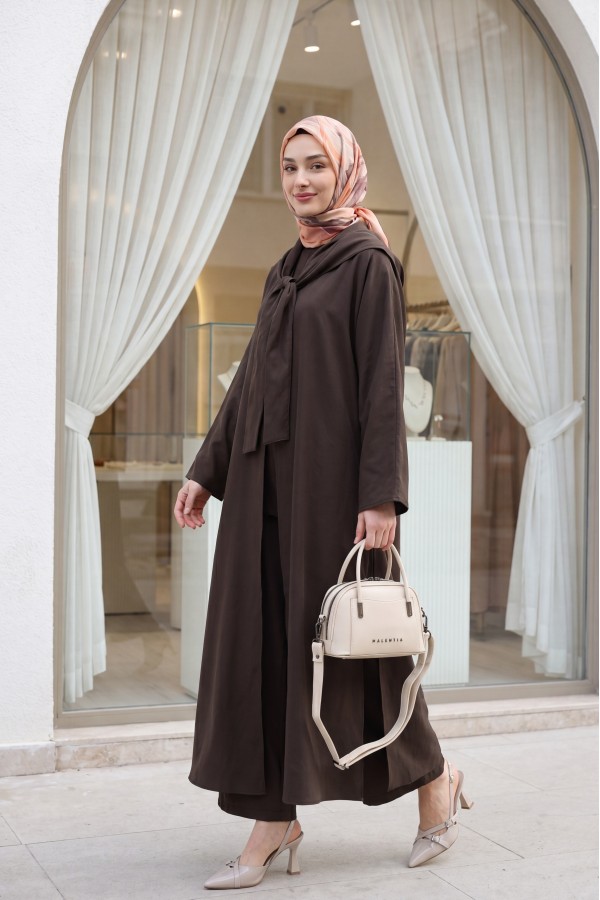 Modal Suit with Scarf Detail and Deep Slit Pants, with Pockets -Brown