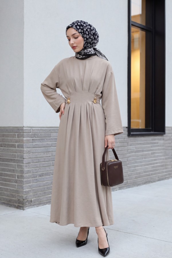 Pleated Modal Dress with Belt and Buckle Detail   -Mink color