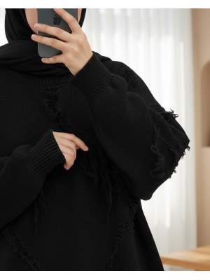 Yuvarlak Yaka Püskül Detaylı Triko Kazak -Siyah