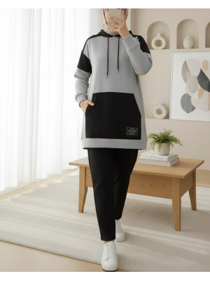 Kanguru Cepli Çift Renkli Takım  -Siyah