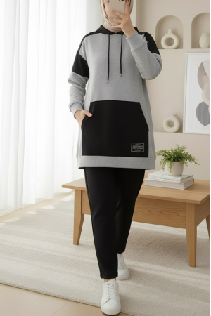 Kanguru Cepli Çift Renkli Takım  -Siyah