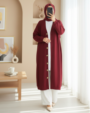 Buttoned Selanik Long Cardigan -Maroon