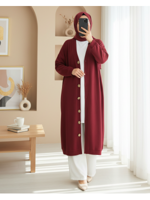 Düğmeli Selanik Uzun Hırka -Bordo