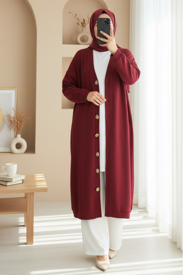 Düğmeli Selanik Uzun Hırka -Bordo
