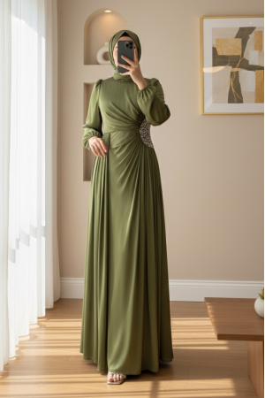 Kolu Lastikli Taş Detaylı Astarlı Janjan Abiye  -Haki