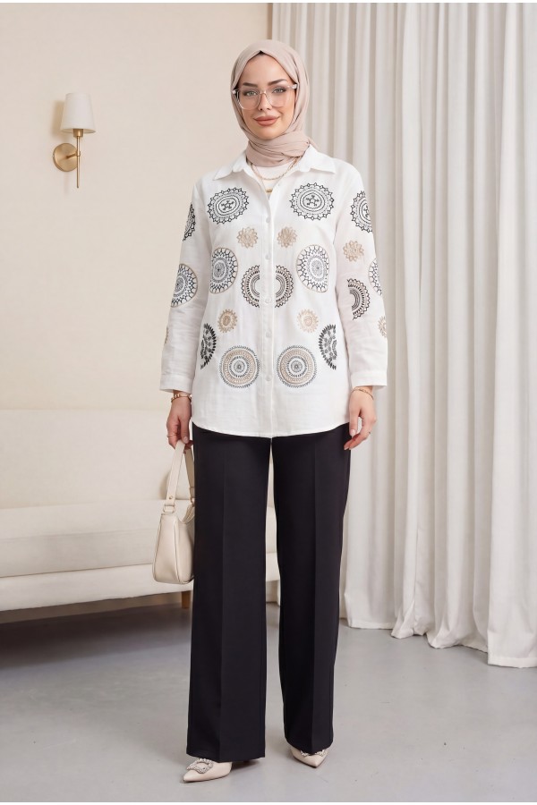 Buttoned Linen Shirt with Embroidered Sleeves and Front -White