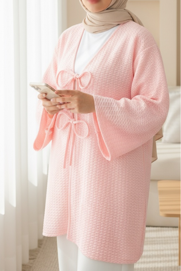 Önü Çift Bağcıklı Petek Desen Kimono -Pembe