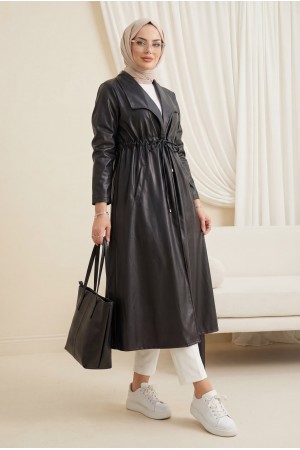 Tünel Bağcıklı Çift Cepli Deri Kap  -Siyah