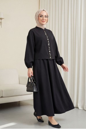 Kolu Lastikli Önü İncili Düğmeli Etekli Modal Takım -Siyah
