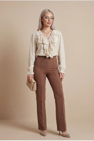 Önü Fırfırlı Fistolu Kolu Lastikli Bluz -Bej